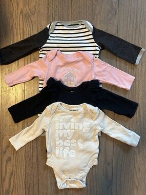 4-Pack Baby Girl Long Sleeve Onesies - Stripes, Pink, Black, Cream